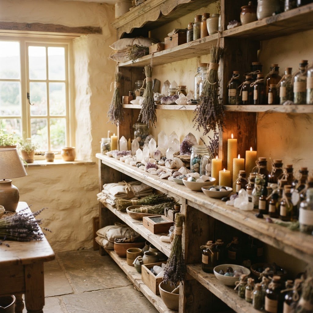 Shelves of crystals, dried lavender and candles inside the shop