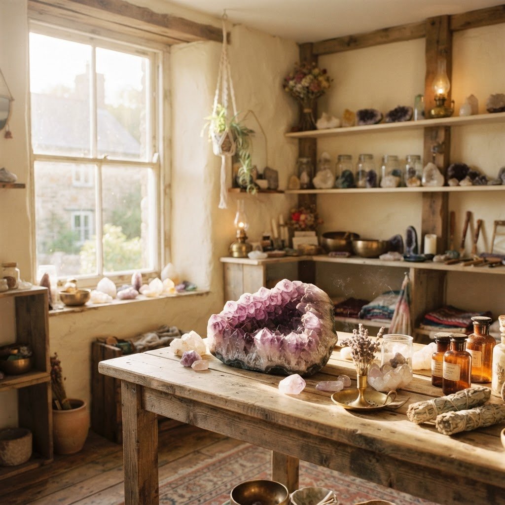 Crystal shelves inside Dawn's Healing Light, lit by soft afternoon light