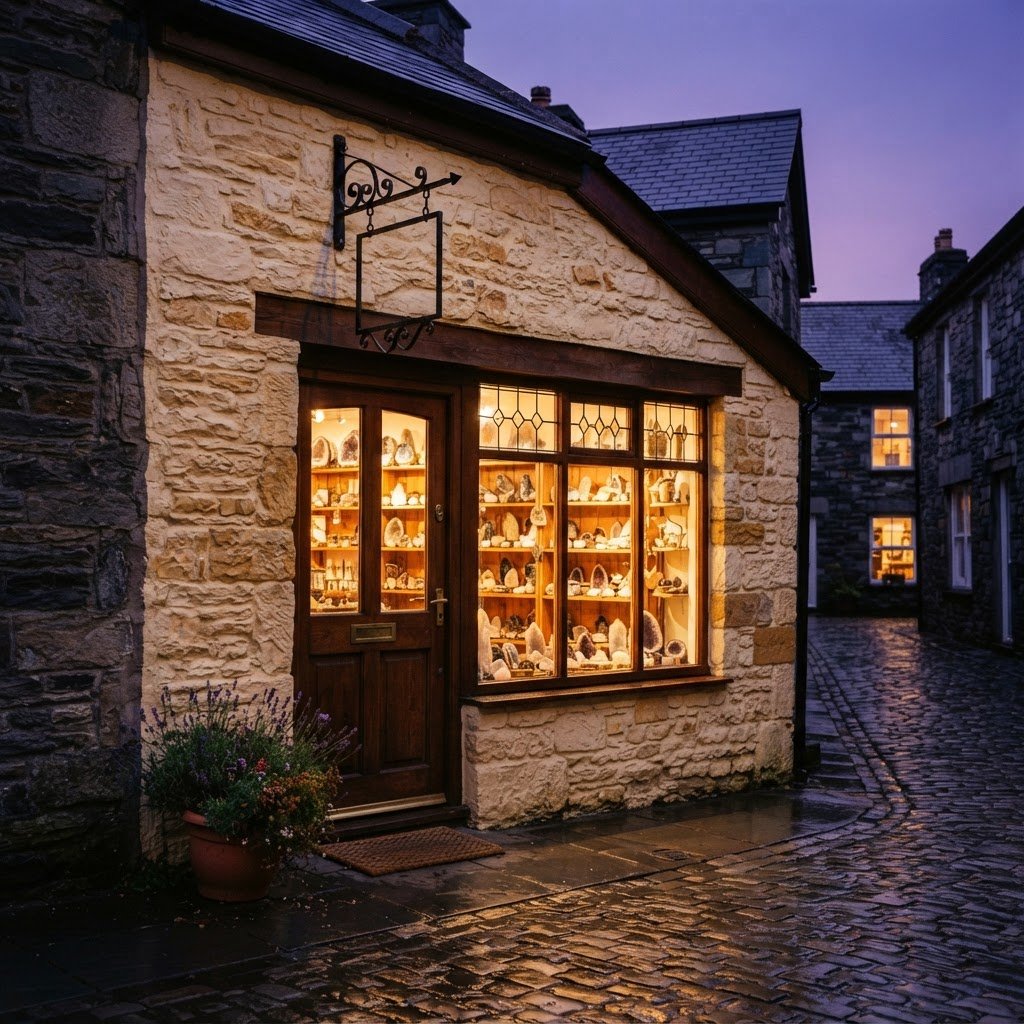 The shopfront of Dawn's Healing Light glowing at twilight