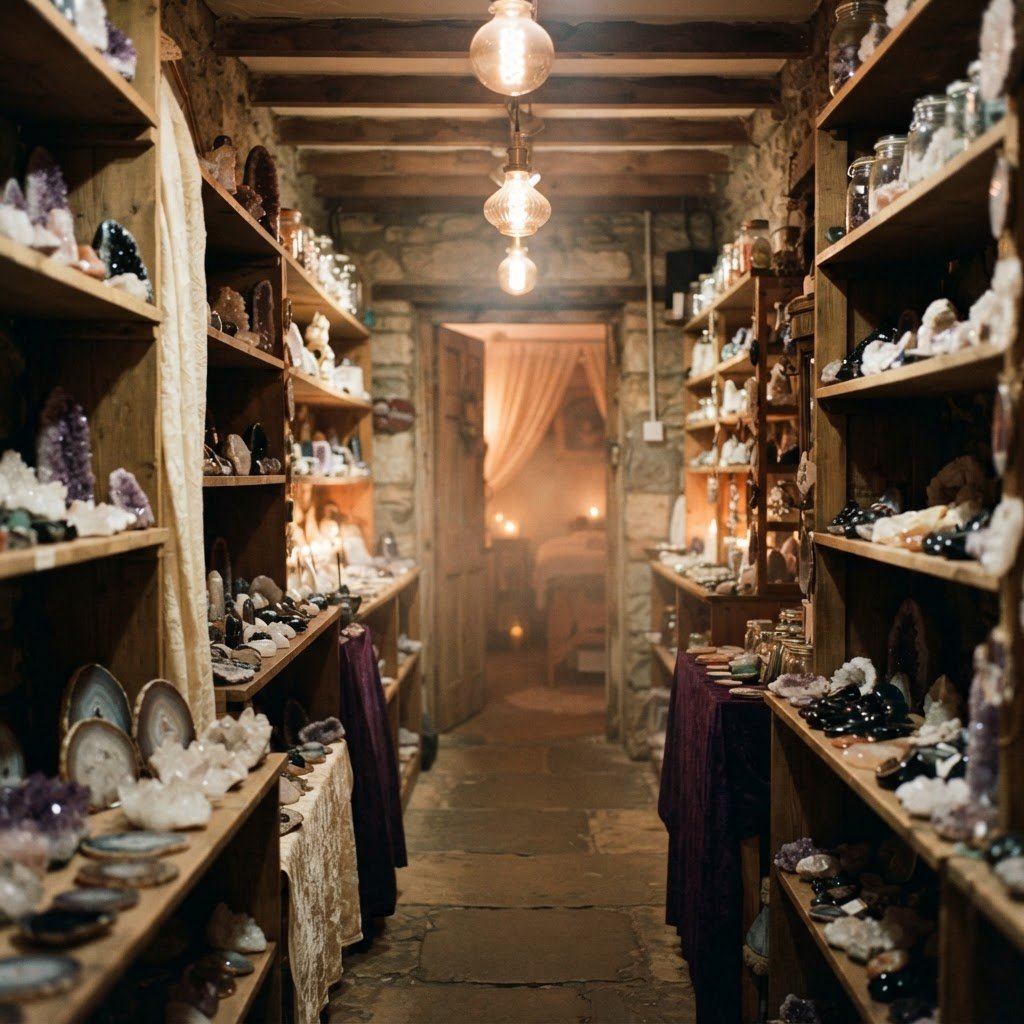 Looking down the aisle of the shop towards the treatment room