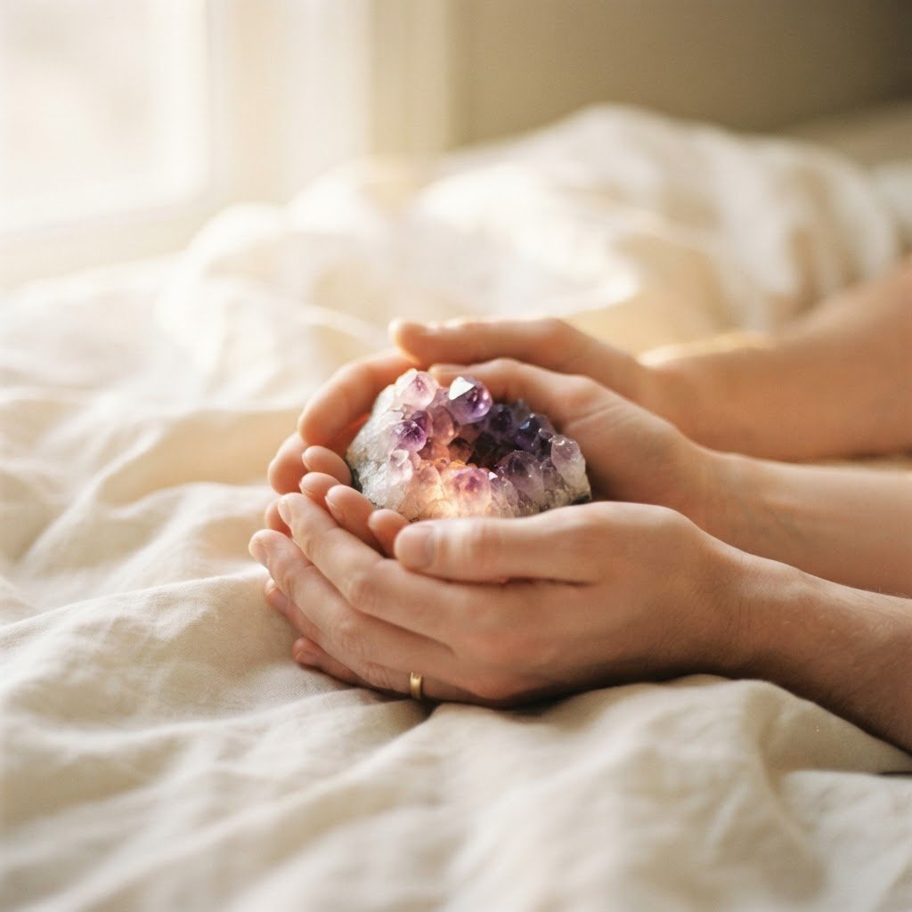 Hands gently cupping an amethyst crystal above cream linen
